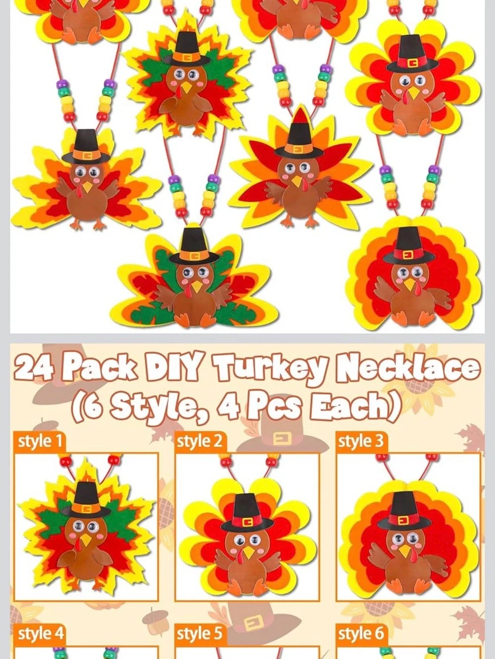 Thanksgiving Turkey Necklace Craft Pack - Multicolor Fall Designs Makes 24 New